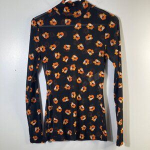 Womens Diane Von Furstenberg Sheer Mock Neck Floral Top S Black Orange Nylon